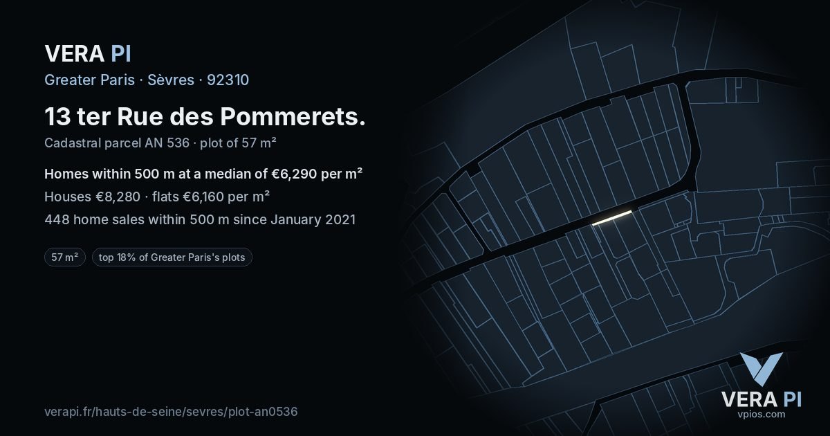 13 ter Rue des Pommerets, Sèvres at night – the plot lit, the parcels around coloured by the prices near them