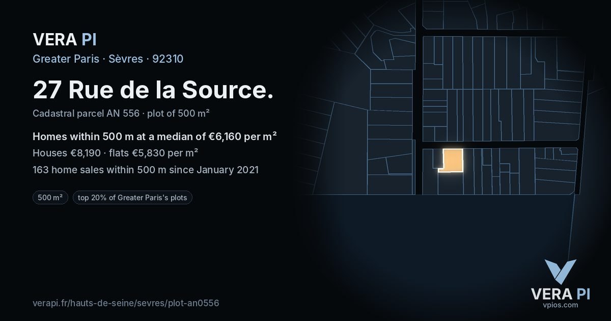 27 Rue de la Source, Sèvres at night – the plot lit, the parcels around coloured by the prices near them