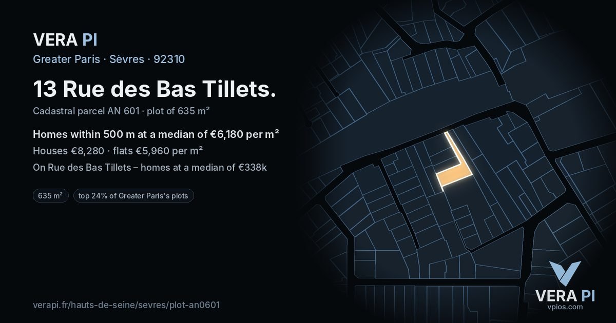 13 Rue des Bas Tillets, Sèvres at night – the plot lit, the parcels around coloured by the prices near them