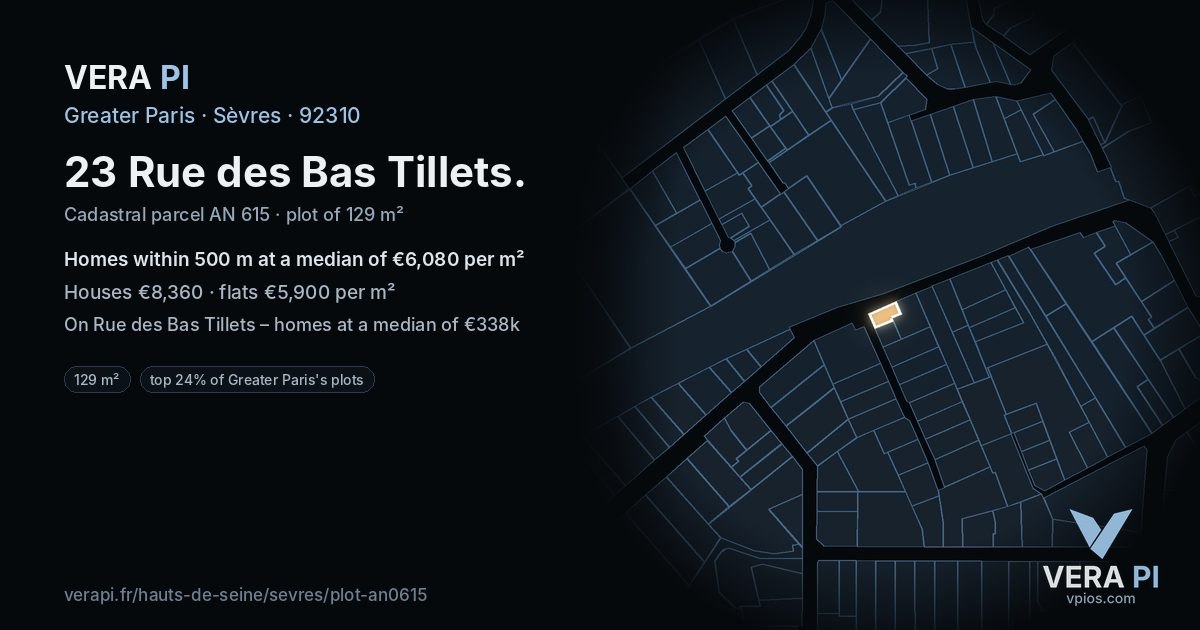 23 Rue des Bas Tillets, Sèvres at night – the plot lit, the parcels around coloured by the prices near them