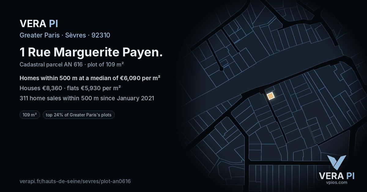 1 Rue Marguerite Payen, Sèvres at night – the plot lit, the parcels around coloured by the prices near them