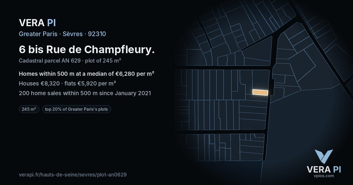 6 bis Rue de Champfleury, Sèvres at night – the plot lit, the parcels around coloured by the prices near them