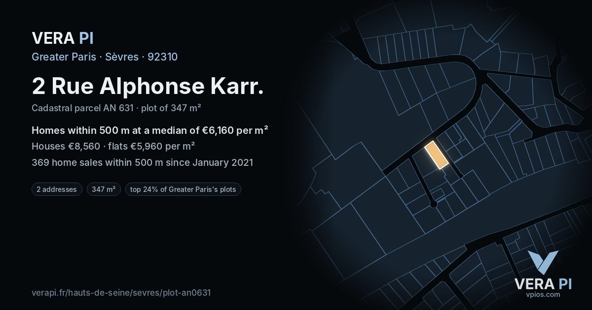 2 Rue Alphonse Karr, Sèvres at night – the plot lit, the parcels around coloured by the prices near them
