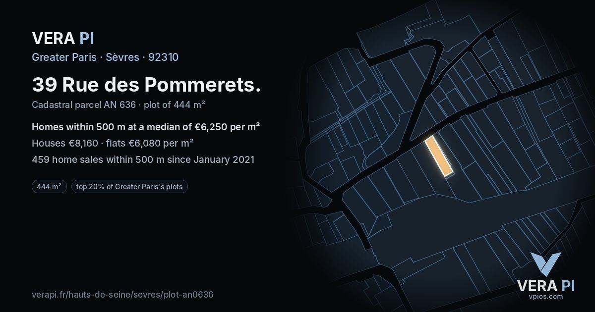 39 Rue des Pommerets, Sèvres at night – the plot lit, the parcels around coloured by the prices near them
