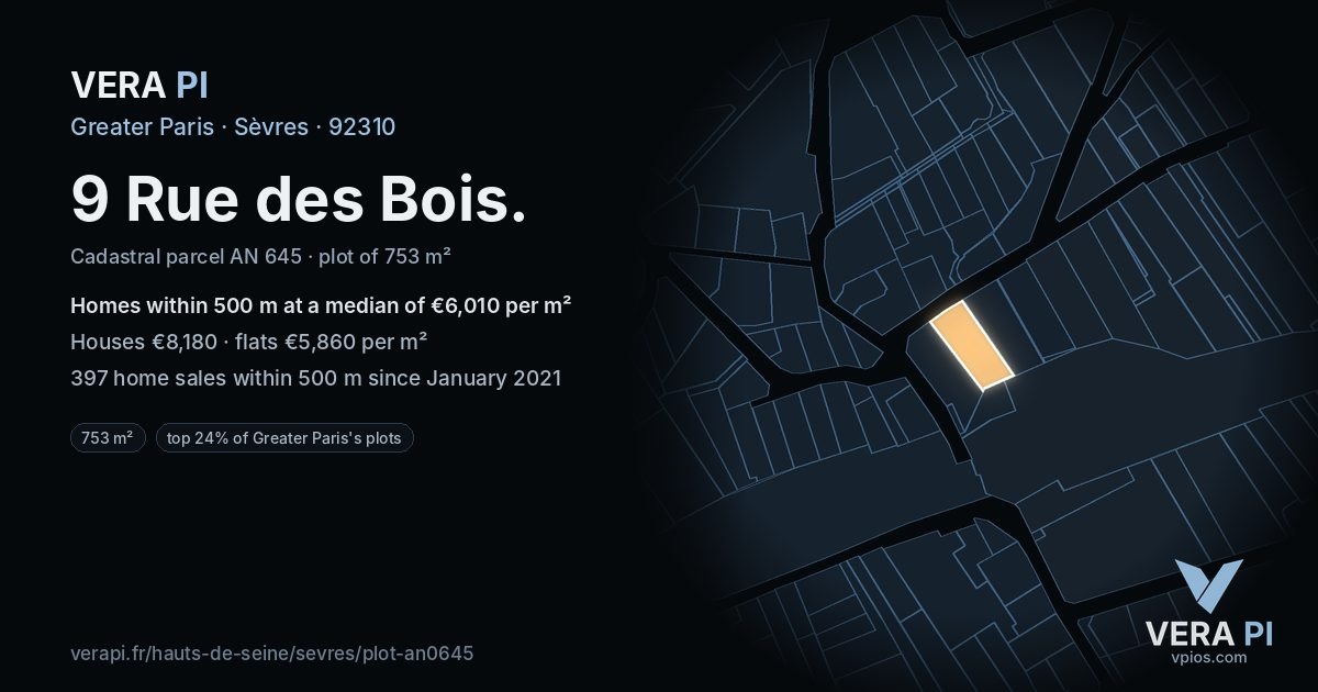 9 Rue des Bois, Sèvres at night – the plot lit, the parcels around coloured by the prices near them