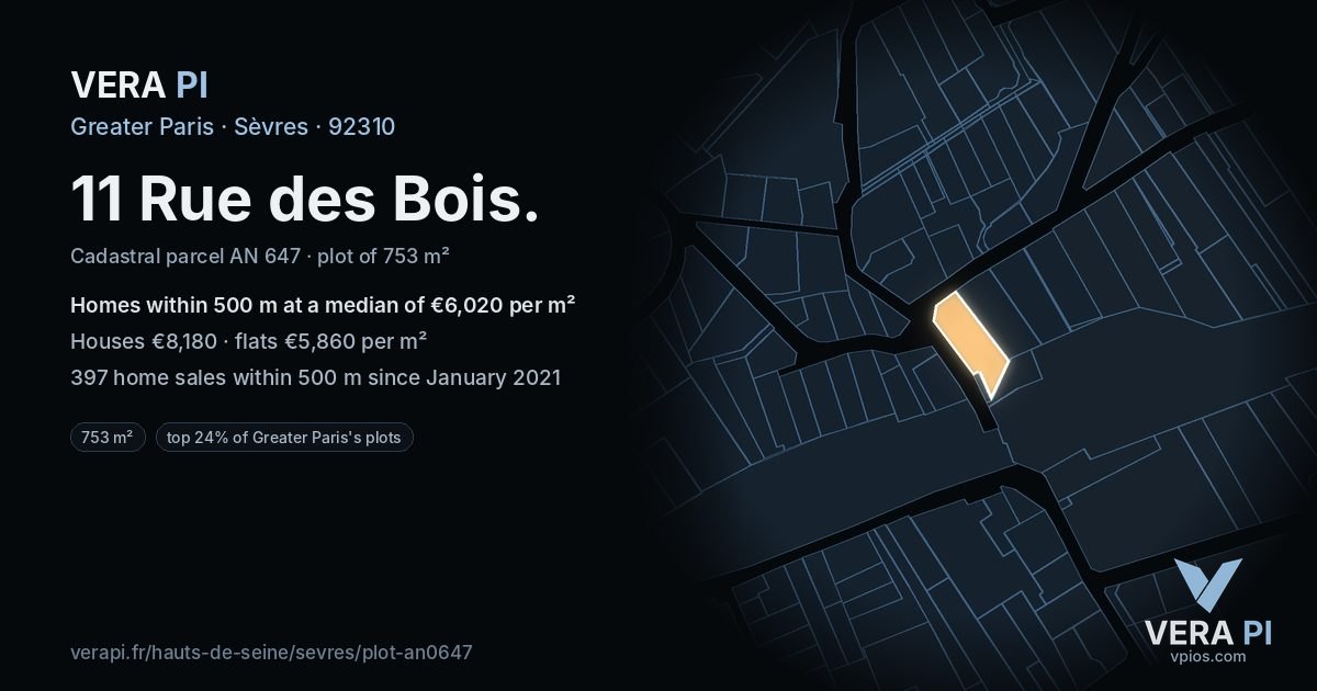 11 Rue des Bois, Sèvres at night – the plot lit, the parcels around coloured by the prices near them