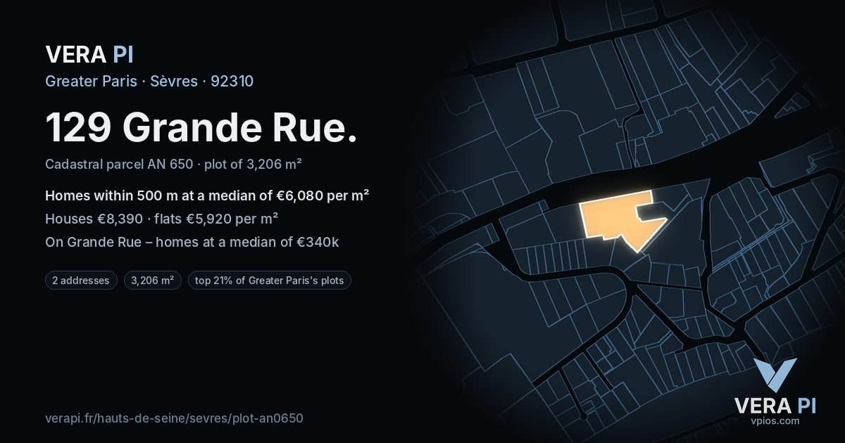 129 Grande Rue, Sèvres at night – the plot lit, the parcels around coloured by the prices near them