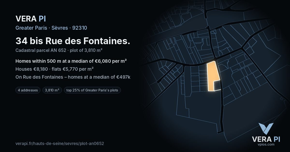 34 bis Rue des Fontaines, Sèvres at night – the plot lit, the parcels around coloured by the prices near them