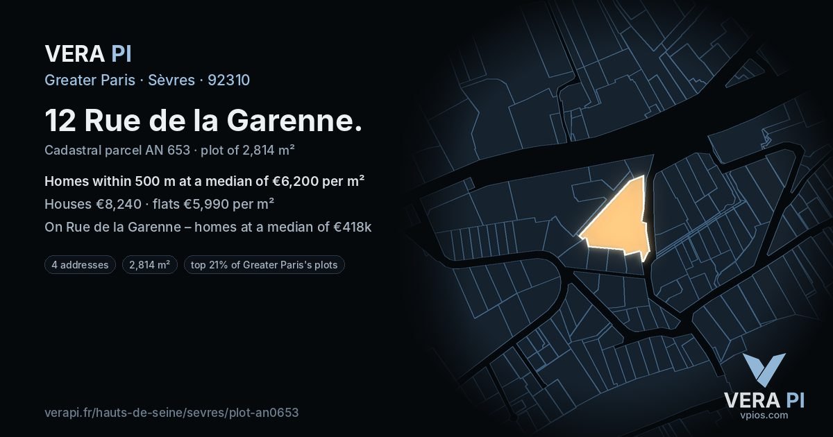 12 Rue de la Garenne, Sèvres at night – the plot lit, the parcels around coloured by the prices near them