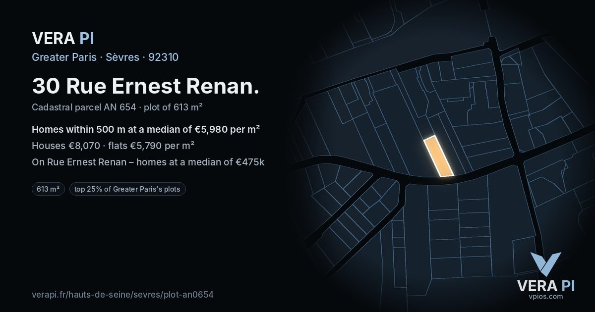 30 Rue Ernest Renan, Sèvres at night – the plot lit, the parcels around coloured by the prices near them