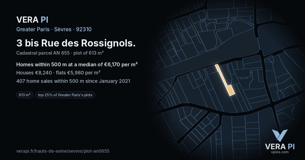 3 bis Rue des Rossignols, Sèvres at night – the plot lit, the parcels around coloured by the prices near them