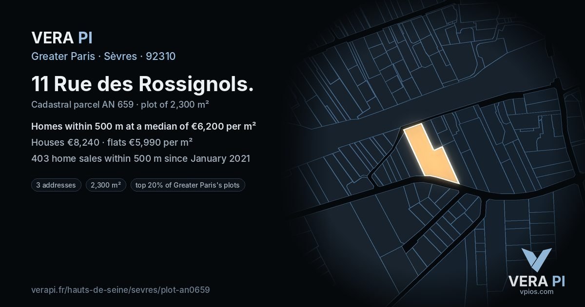 11 Rue des Rossignols, Sèvres at night – the plot lit, the parcels around coloured by the prices near them