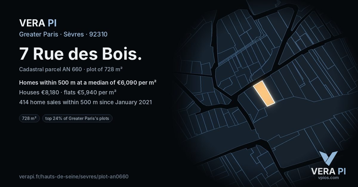 7 Rue des Bois, Sèvres at night – the plot lit, the parcels around coloured by the prices near them