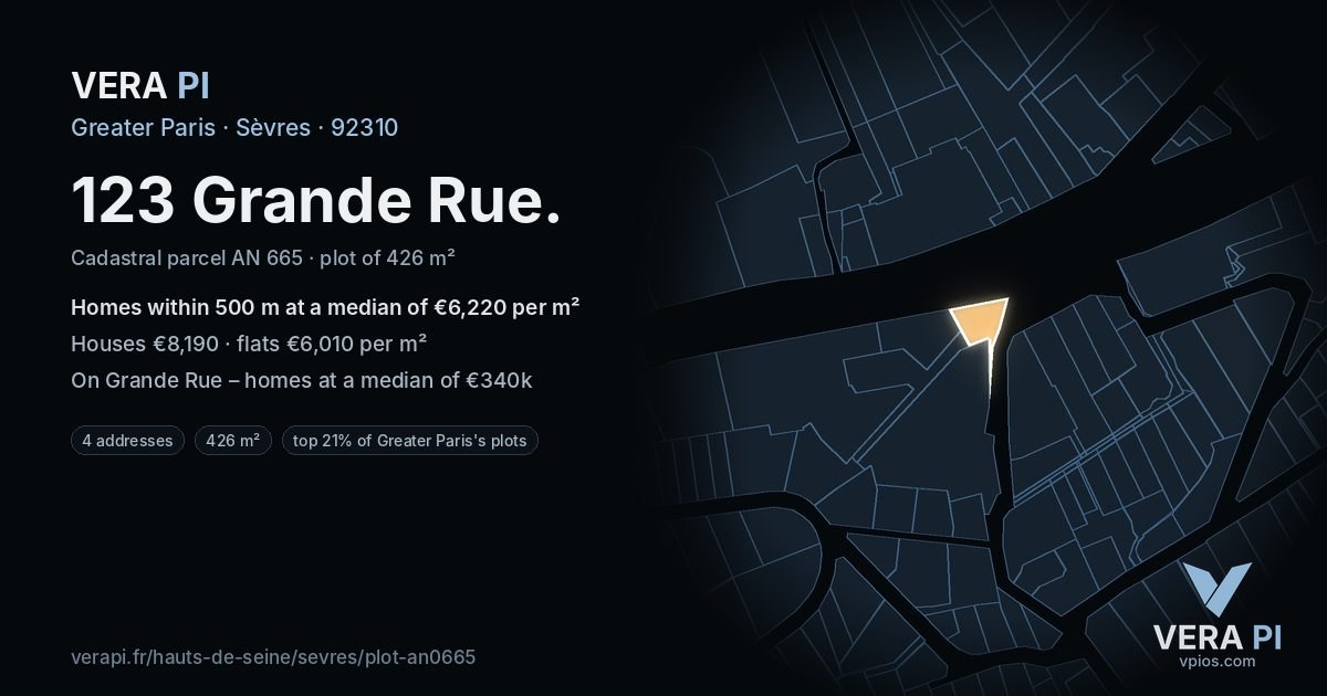 123 Grande Rue, Sèvres at night – the plot lit, the parcels around coloured by the prices near them