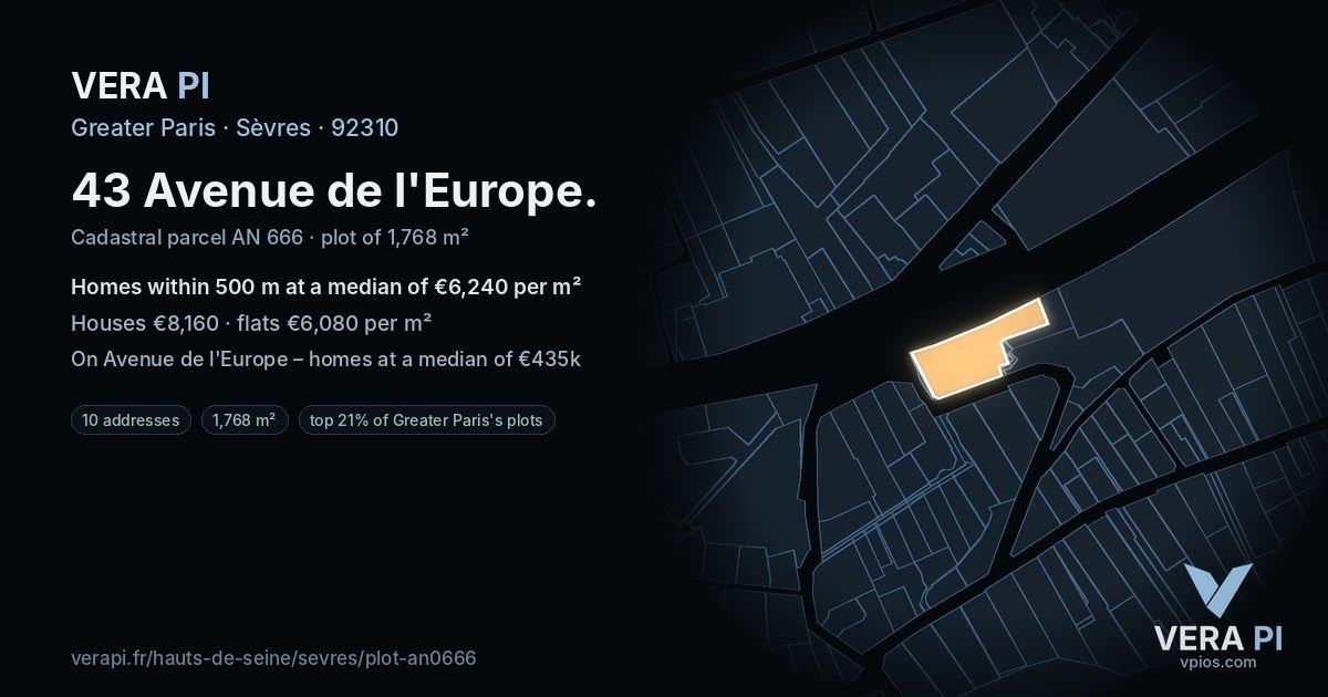 43 Avenue de l'Europe, Sèvres at night – the plot lit, the parcels around coloured by the prices near them