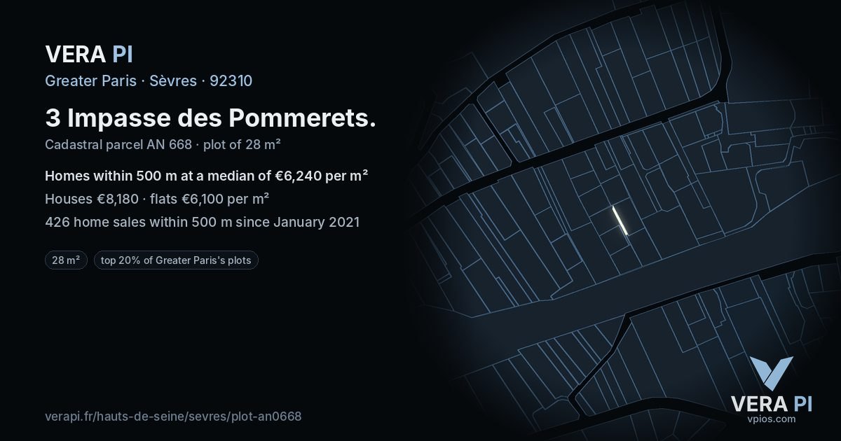 3 Impasse des Pommerets, Sèvres at night – the plot lit, the parcels around coloured by the prices near them