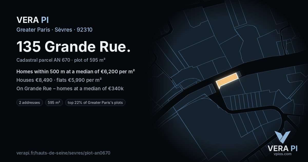 135 Grande Rue, Sèvres at night – the plot lit, the parcels around coloured by the prices near them