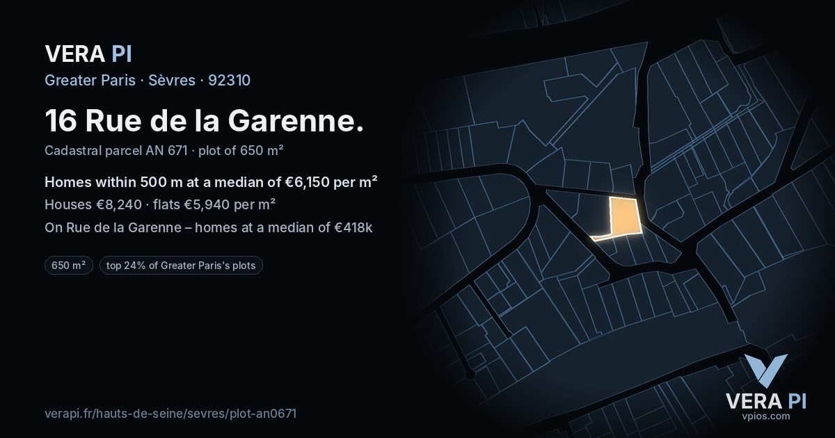 16 Rue de la Garenne, Sèvres at night – the plot lit, the parcels around coloured by the prices near them