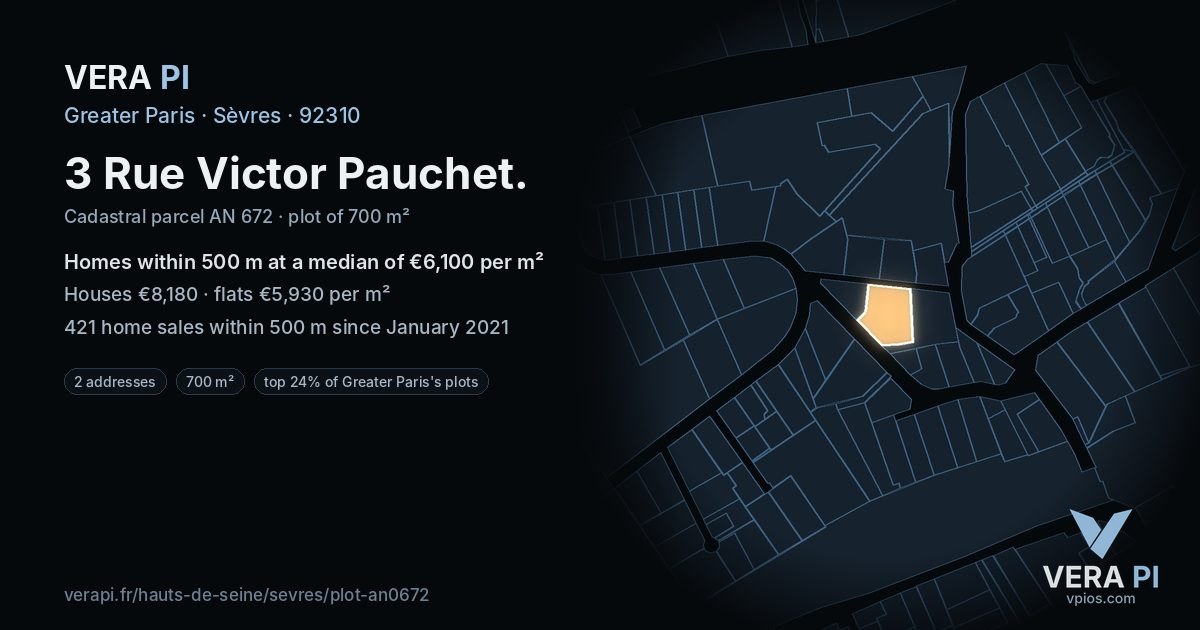 3 Rue Victor Pauchet, Sèvres at night – the plot lit, the parcels around coloured by the prices near them