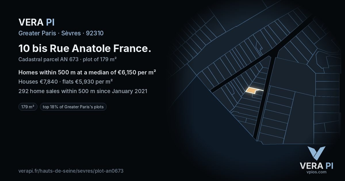 10 bis Rue Anatole France, Sèvres at night – the plot lit, the parcels around coloured by the prices near them
