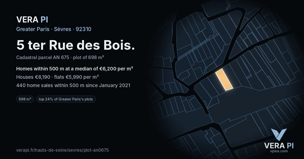 5 ter Rue des Bois, Sèvres at night – the plot lit, the parcels around coloured by the prices near them