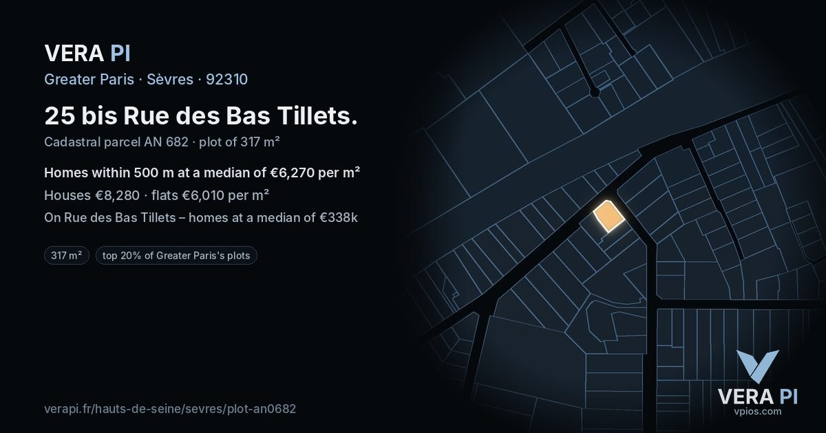 25 bis Rue des Bas Tillets, Sèvres at night – the plot lit, the parcels around coloured by the prices near them