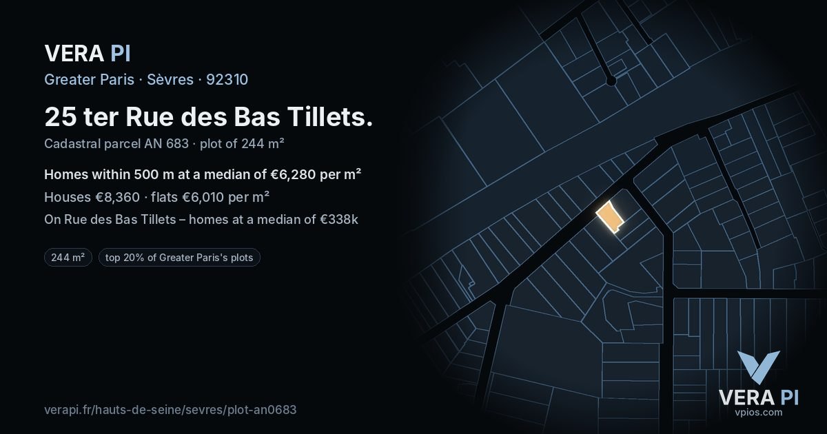 25 ter Rue des Bas Tillets, Sèvres at night – the plot lit, the parcels around coloured by the prices near them