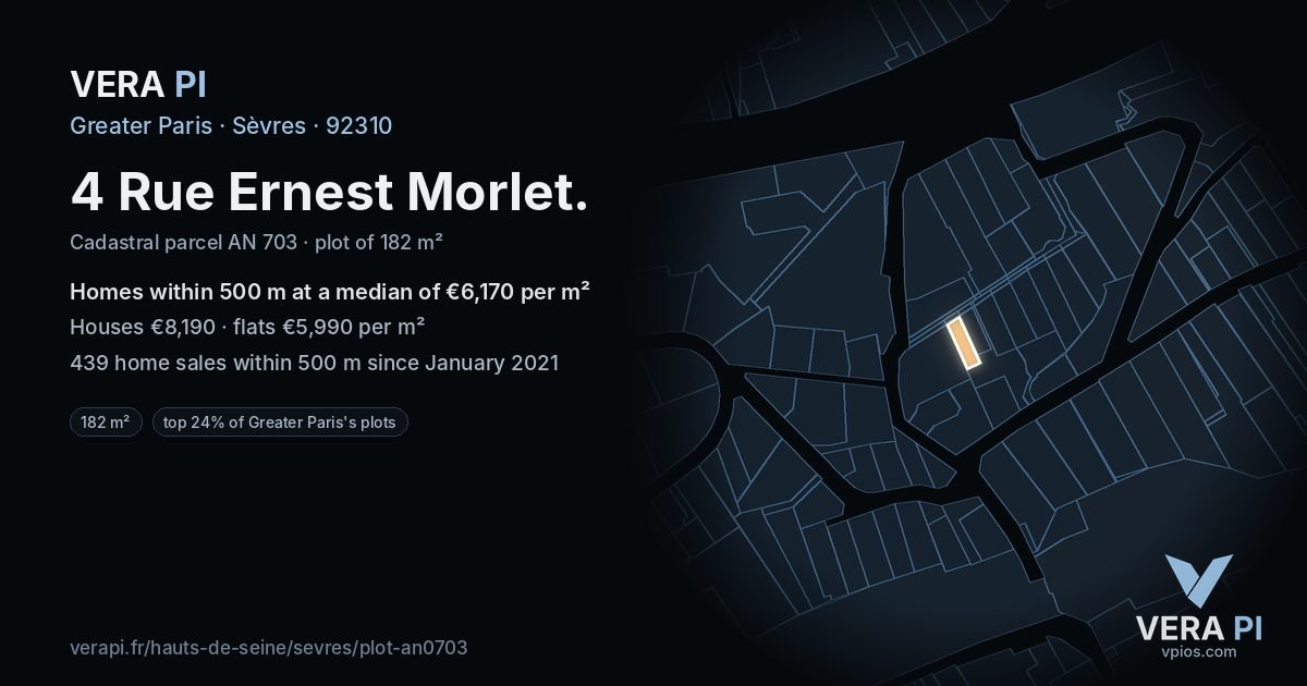 4 Rue Ernest Morlet, Sèvres at night – the plot lit, the parcels around coloured by the prices near them