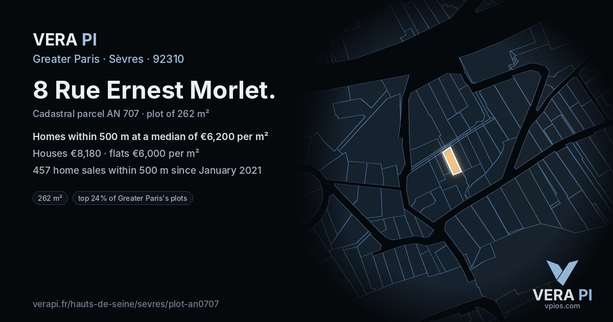 8 Rue Ernest Morlet, Sèvres at night – the plot lit, the parcels around coloured by the prices near them