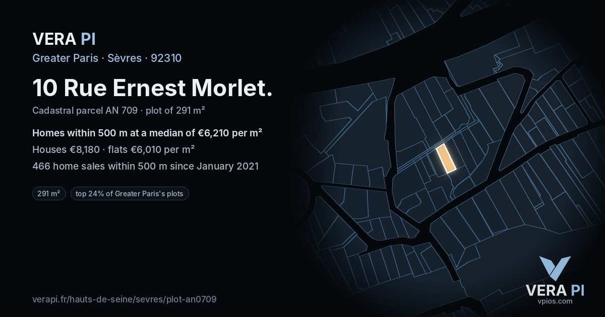 10 Rue Ernest Morlet, Sèvres at night – the plot lit, the parcels around coloured by the prices near them
