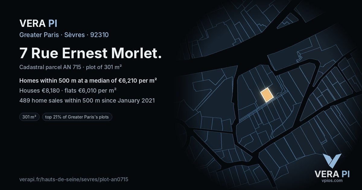 7 Rue Ernest Morlet, Sèvres at night – the plot lit, the parcels around coloured by the prices near them