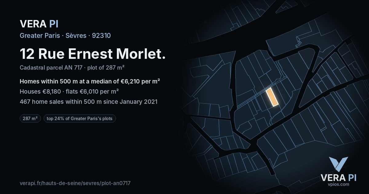12 Rue Ernest Morlet, Sèvres at night – the plot lit, the parcels around coloured by the prices near them