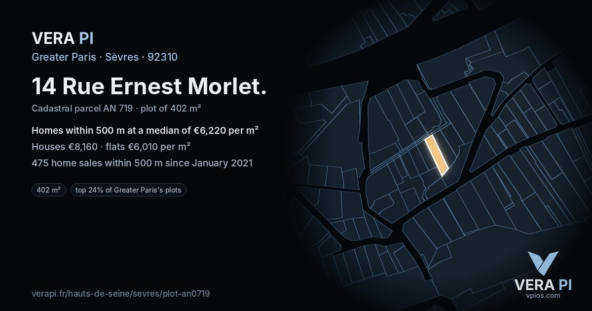14 Rue Ernest Morlet, Sèvres at night – the plot lit, the parcels around coloured by the prices near them