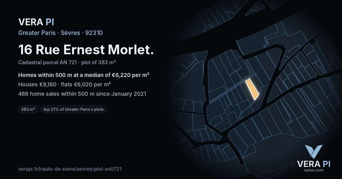 16 Rue Ernest Morlet, Sèvres at night – the plot lit, the parcels around coloured by the prices near them