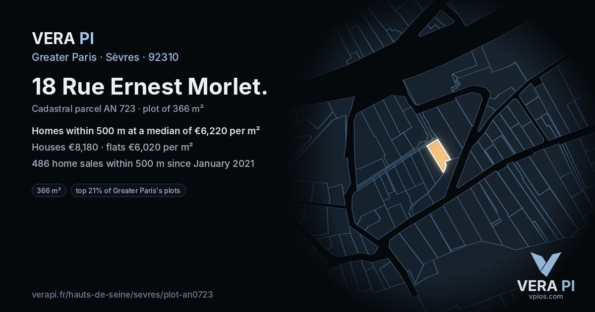 18 Rue Ernest Morlet, Sèvres at night – the plot lit, the parcels around coloured by the prices near them