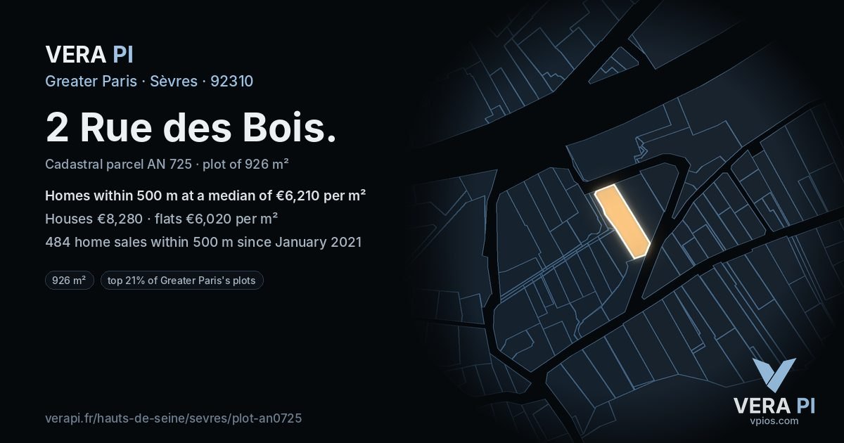 2 Rue des Bois, Sèvres at night – the plot lit, the parcels around coloured by the prices near them