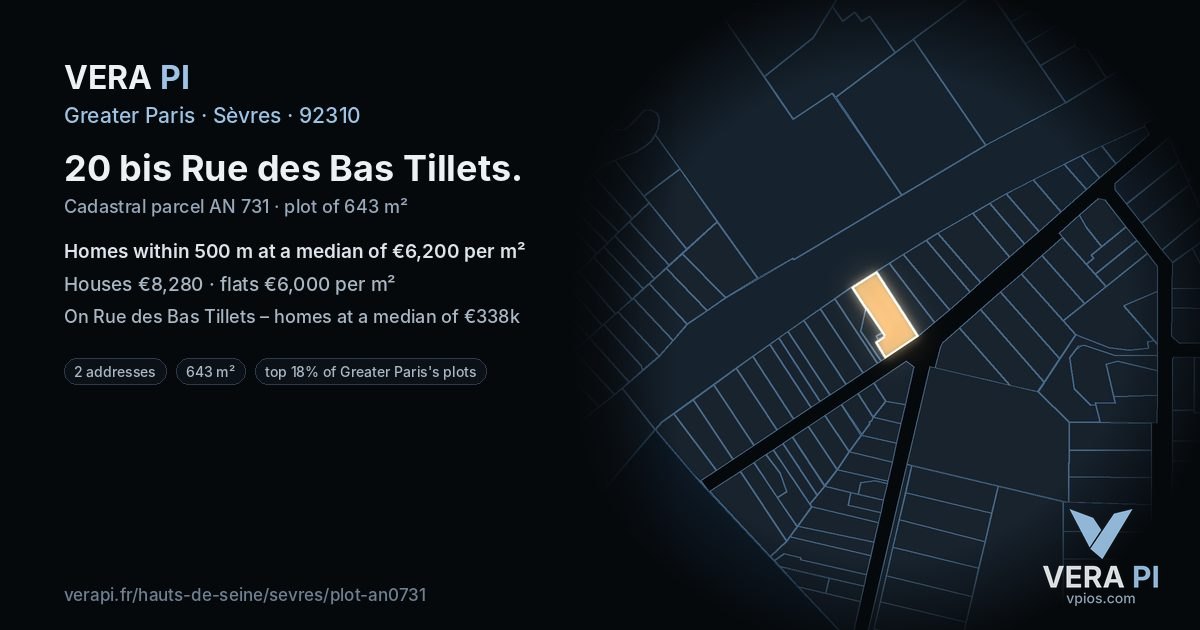 20 bis Rue des Bas Tillets, Sèvres at night – the plot lit, the parcels around coloured by the prices near them