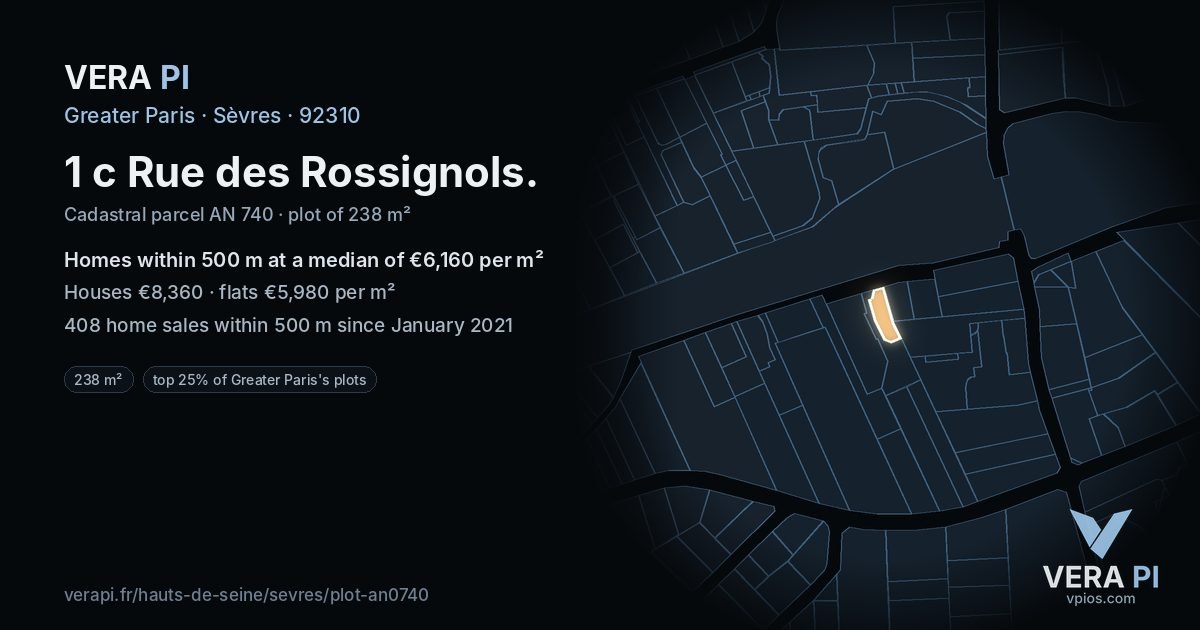 1 c Rue des Rossignols, Sèvres at night – the plot lit, the parcels around coloured by the prices near them