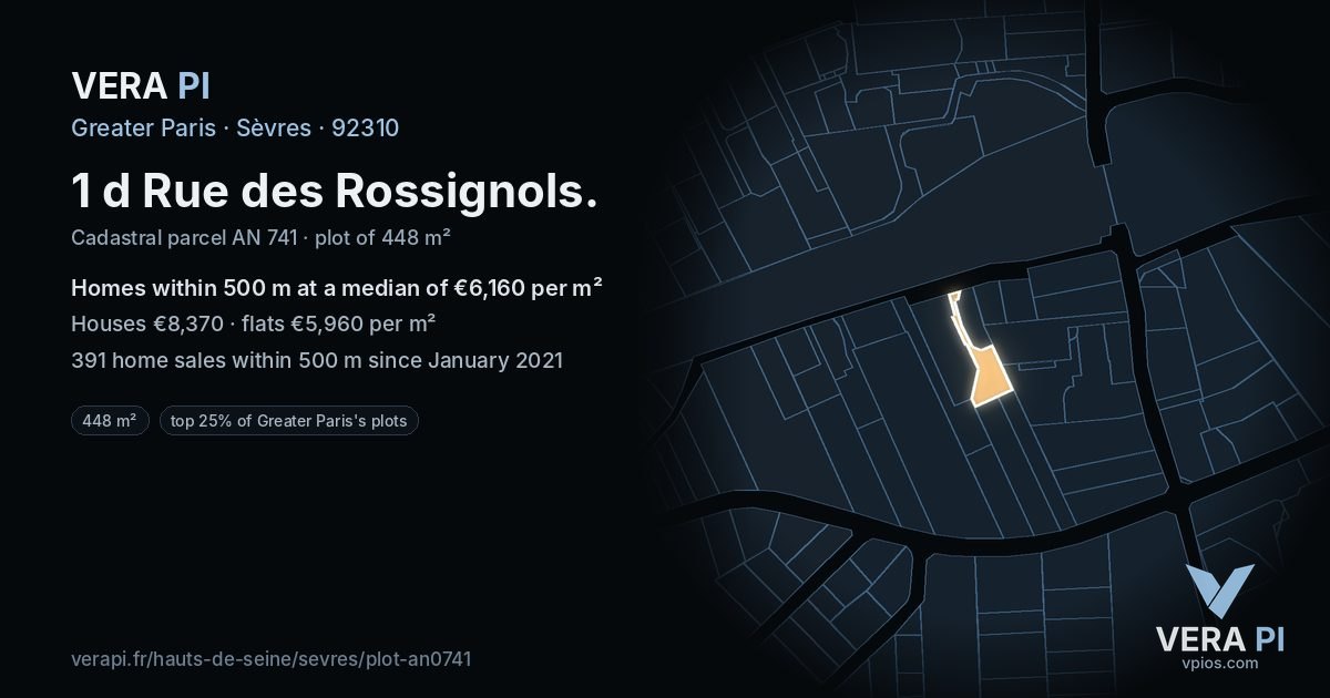 1 d Rue des Rossignols, Sèvres at night – the plot lit, the parcels around coloured by the prices near them