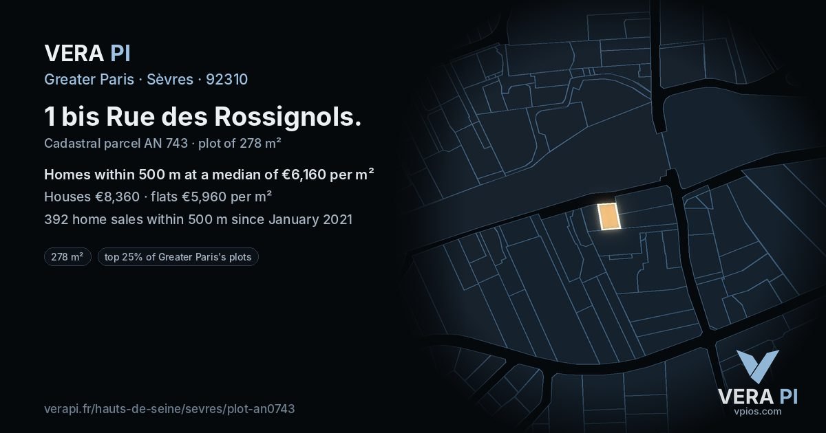 1 bis Rue des Rossignols, Sèvres at night – the plot lit, the parcels around coloured by the prices near them