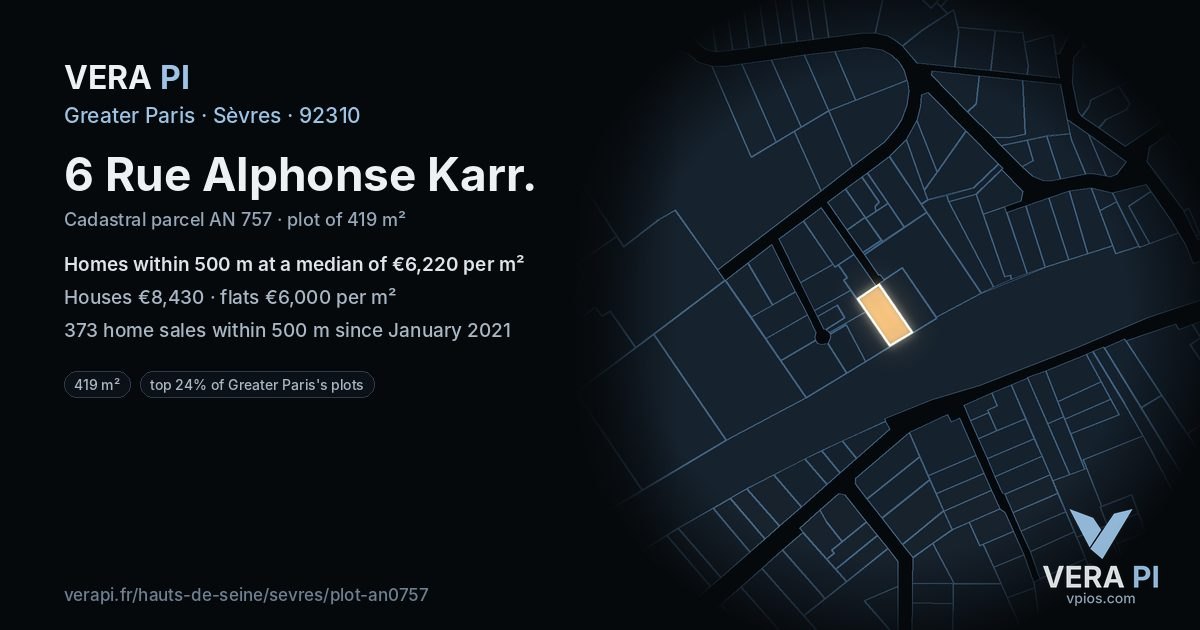 6 Rue Alphonse Karr, Sèvres at night – the plot lit, the parcels around coloured by the prices near them