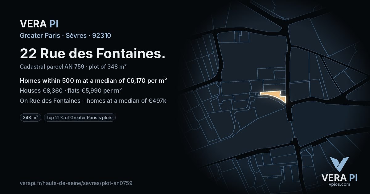 22 Rue des Fontaines, Sèvres at night – the plot lit, the parcels around coloured by the prices near them