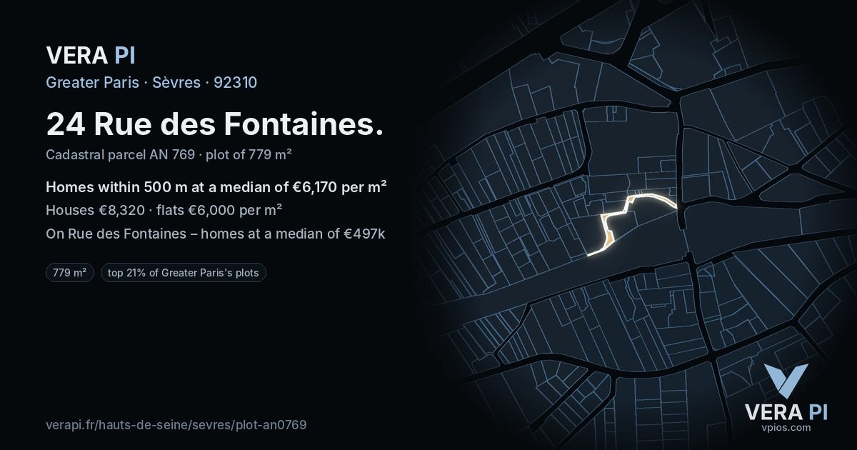 24 Rue des Fontaines, Sèvres at night – the plot lit, the parcels around coloured by the prices near them