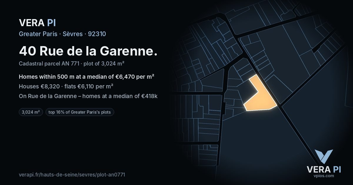 40 Rue de la Garenne, Sèvres at night – the plot lit, the parcels around coloured by the prices near them