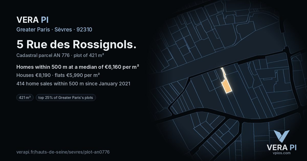 5 Rue des Rossignols, Sèvres at night – the plot lit, the parcels around coloured by the prices near them