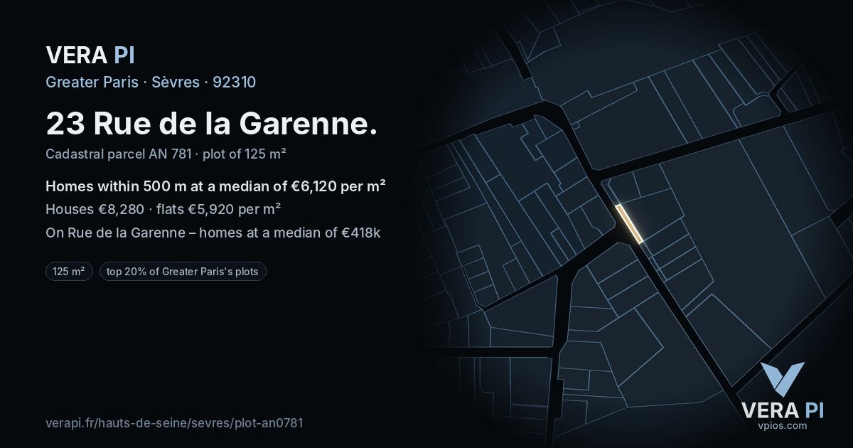 23 Rue de la Garenne, Sèvres at night – the plot lit, the parcels around coloured by the prices near them