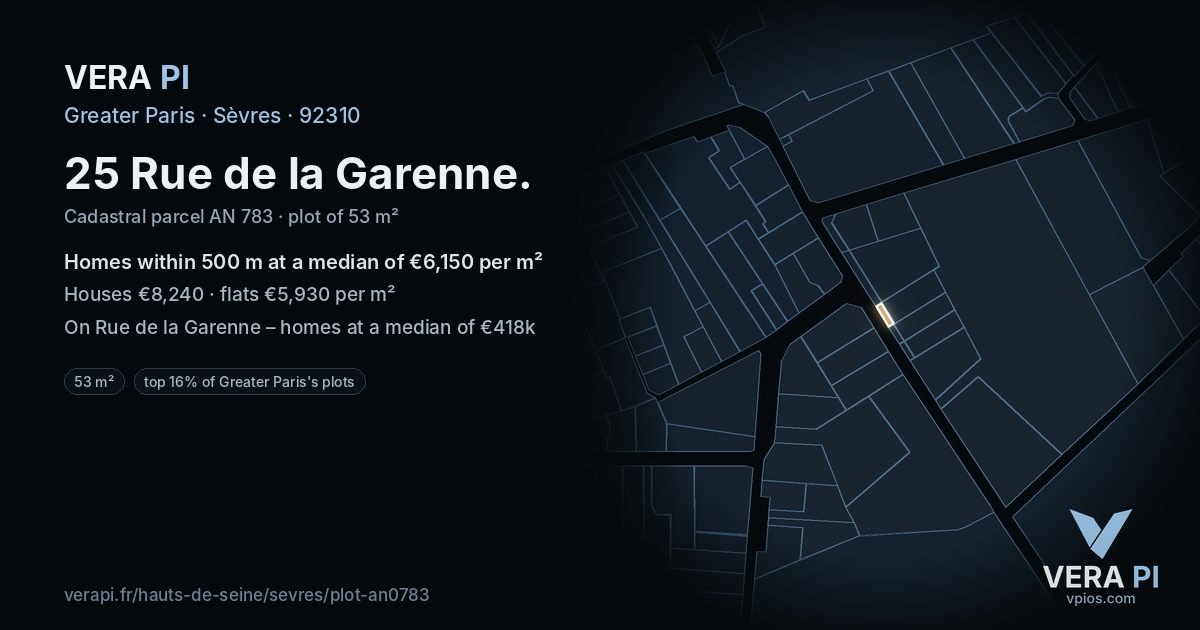 25 Rue de la Garenne, Sèvres at night – the plot lit, the parcels around coloured by the prices near them