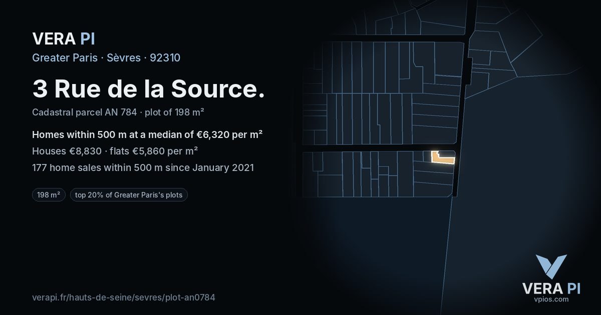 3 Rue de la Source, Sèvres at night – the plot lit, the parcels around coloured by the prices near them