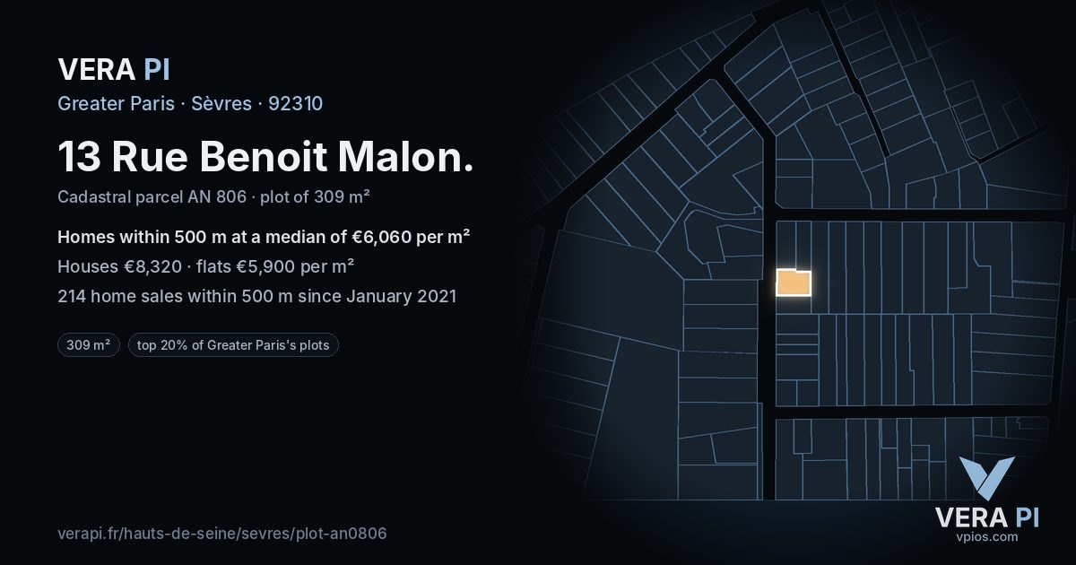 13 Rue Benoit Malon, Sèvres at night – the plot lit, the parcels around coloured by the prices near them