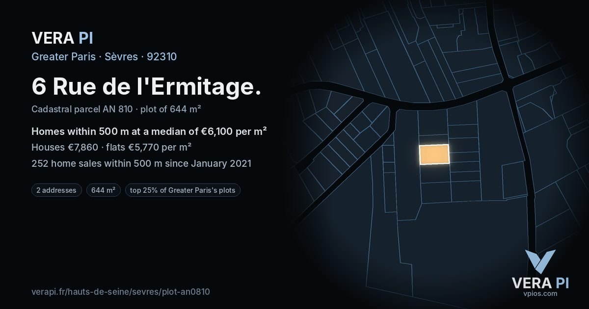 6 Rue de l'Ermitage, Sèvres at night – the plot lit, the parcels around coloured by the prices near them